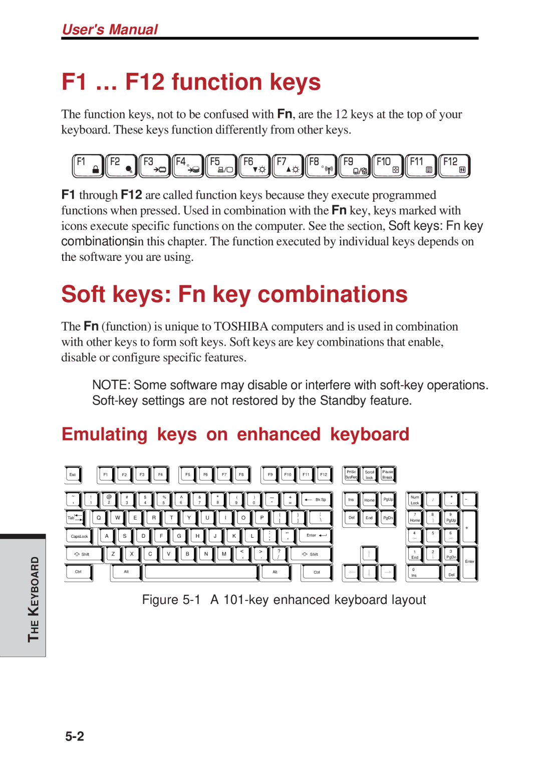 Toshiba A10 Series user manual F1 … F12 function keys, Soft keys Fn key combinations, Emulating keys on enhanced keyboard 