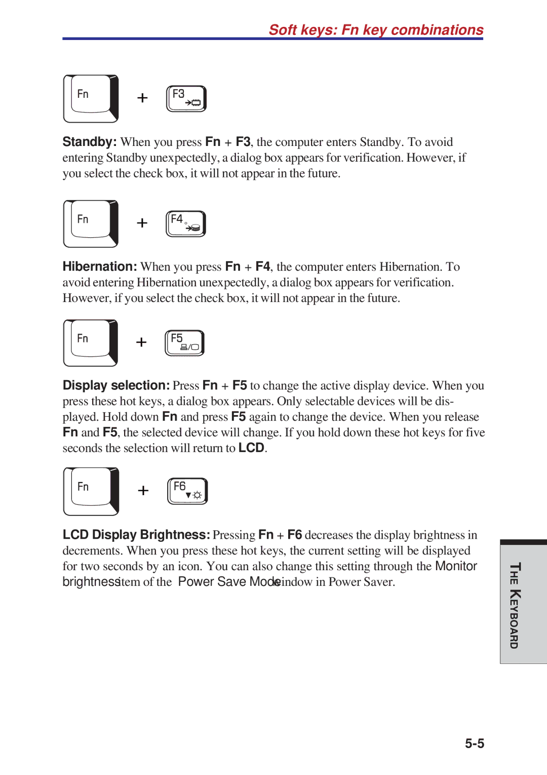 Toshiba A10 Series user manual Soft keys Fn key combinations 