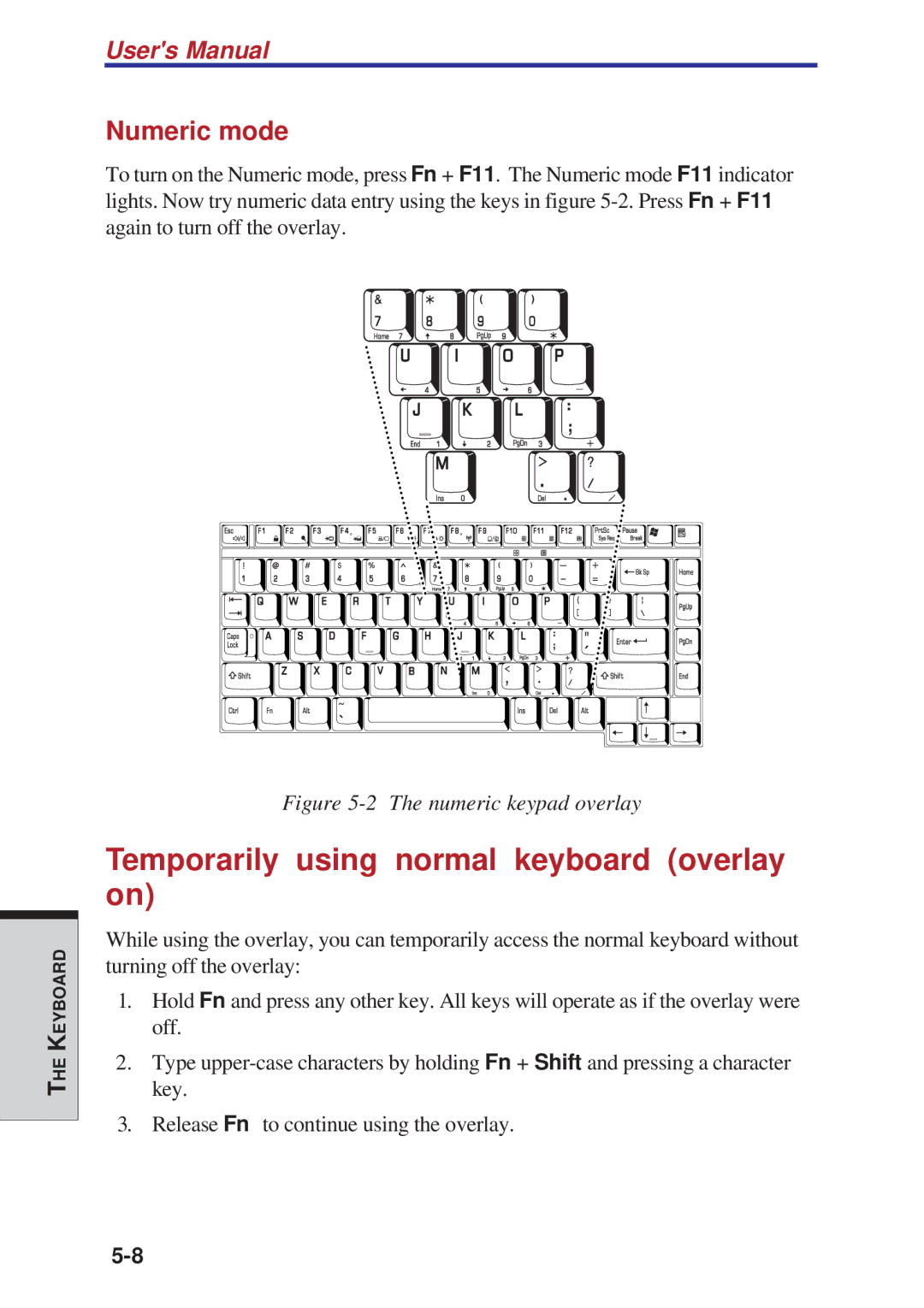 Toshiba A10 Series user manual Temporarily using normal keyboard overlay on, Numeric mode 