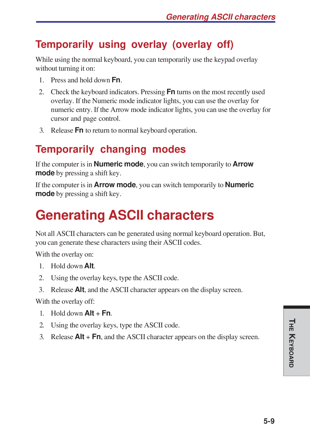 Toshiba A10 Series Generating Ascii characters, Temporarily using overlay overlay off, Temporarily changing modes 