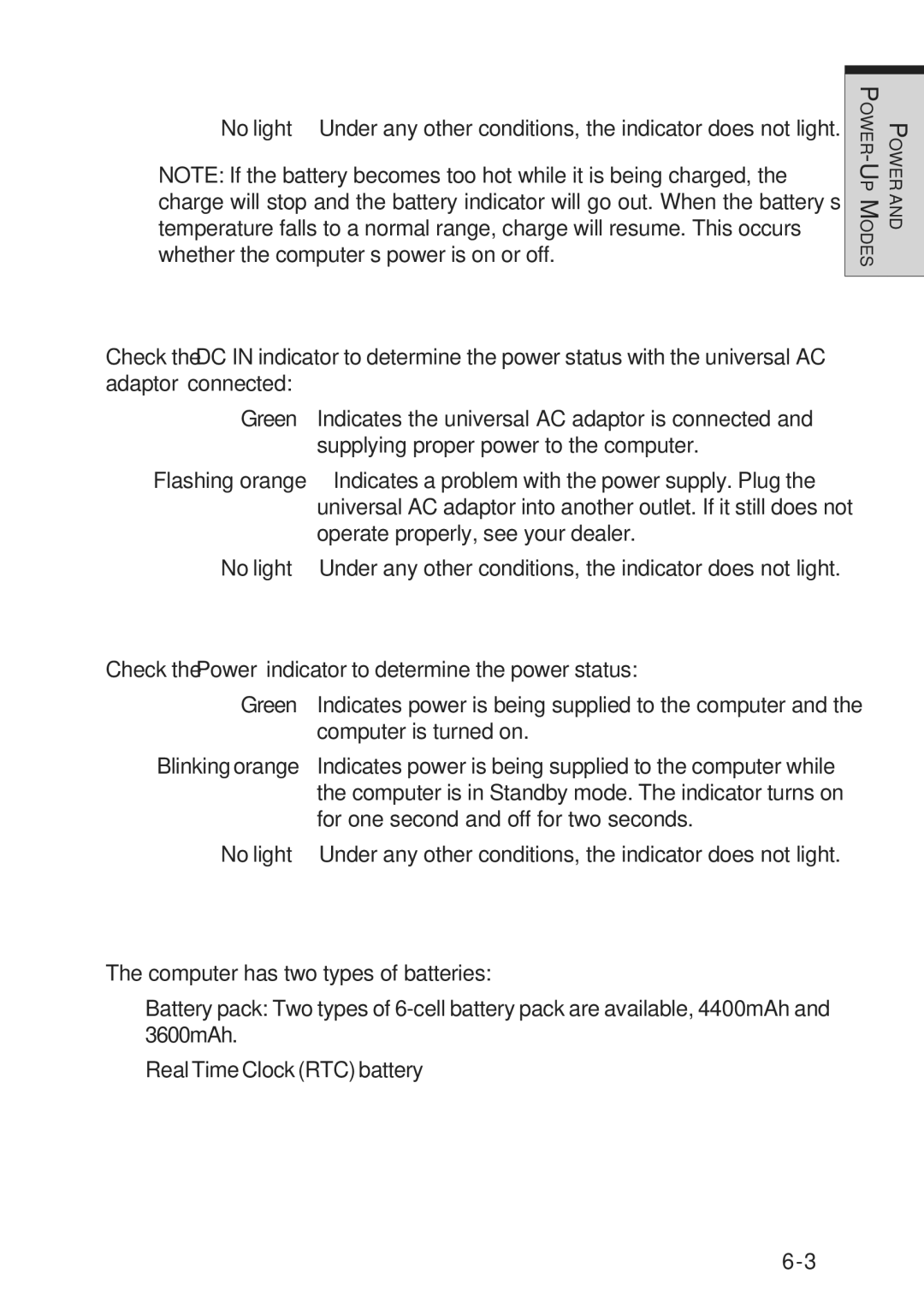 Toshiba A10 Series user manual Battery types, DC in indicator, Power indicator 