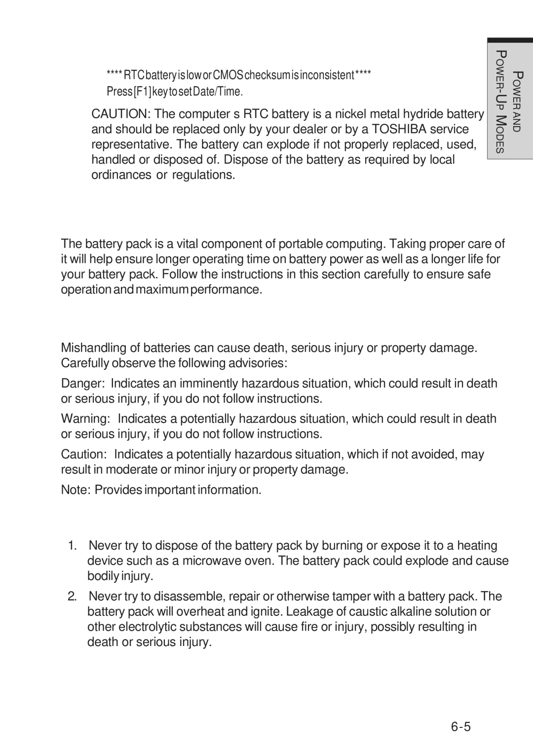 Toshiba A10 Series user manual Care and use of the battery pack, Safety precautions 