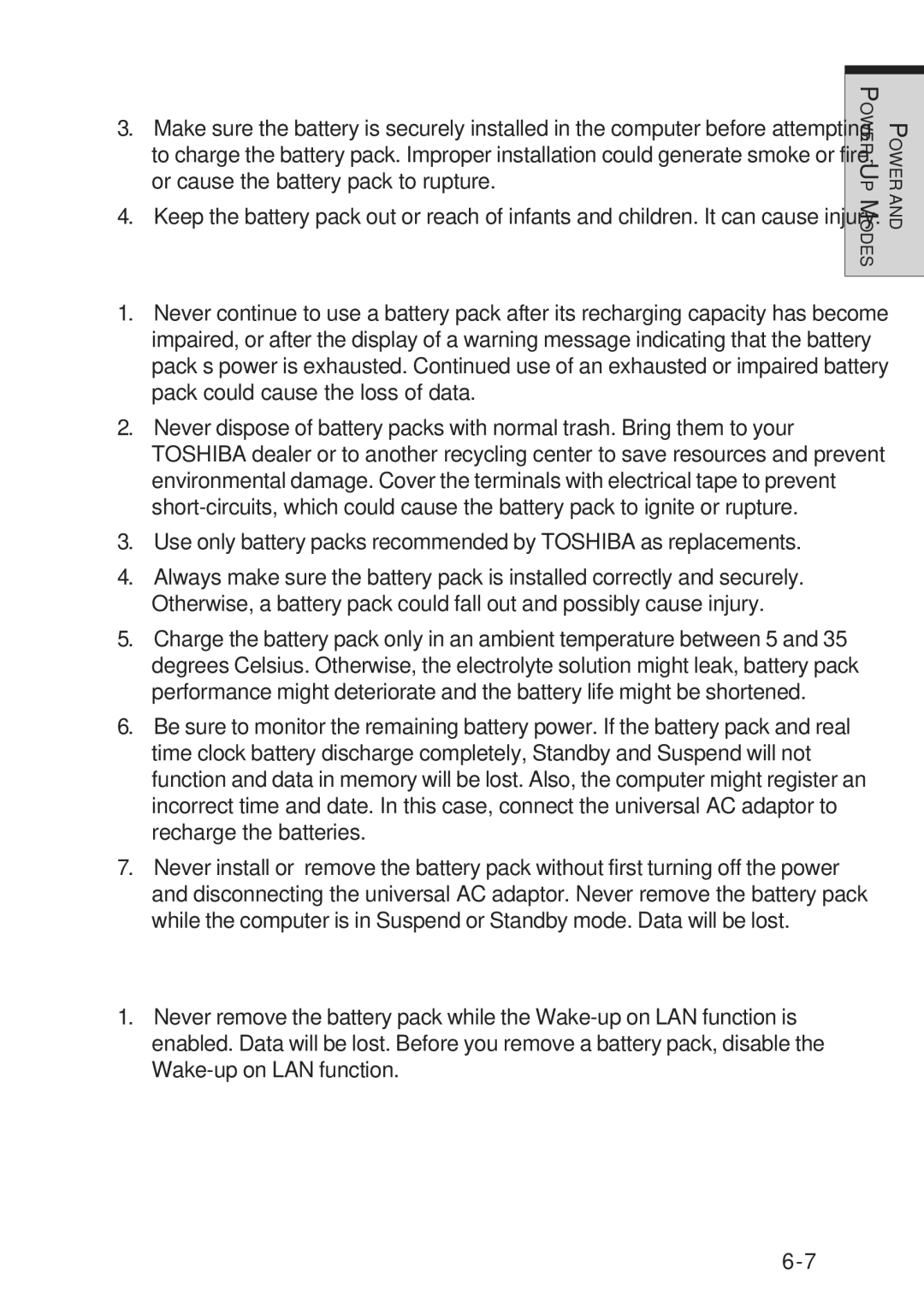 Toshiba A10 Series user manual Care and use of the battery pack 