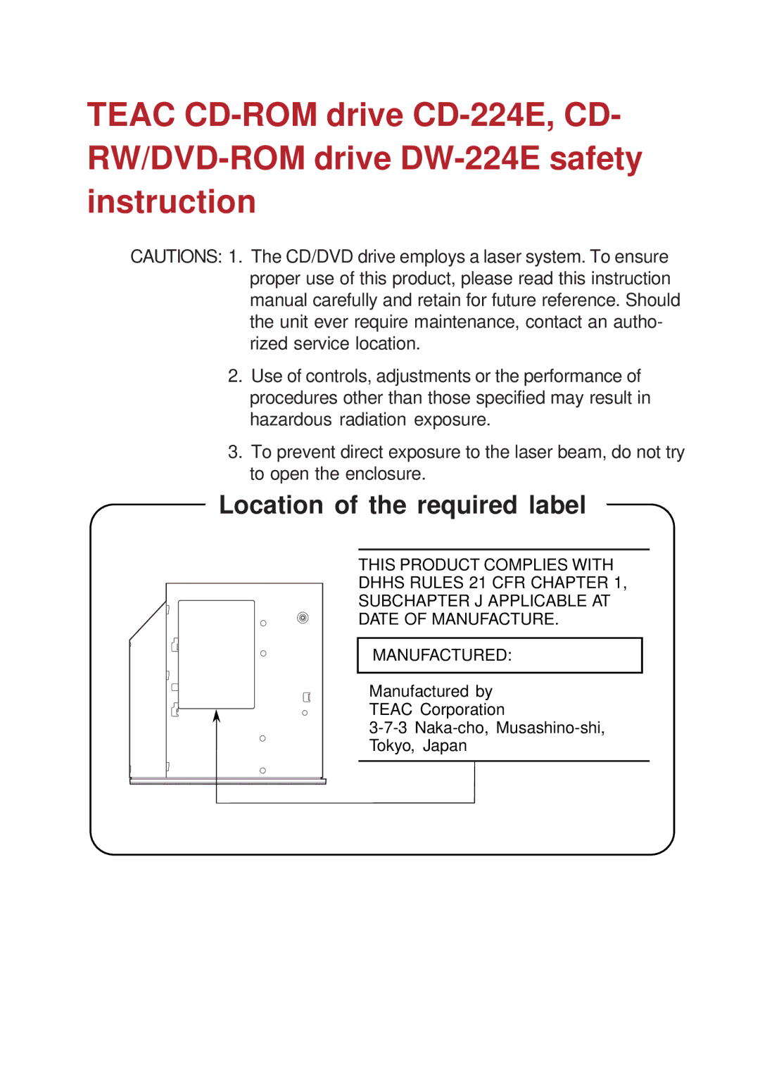 Toshiba A10 Series user manual Location of the required label 