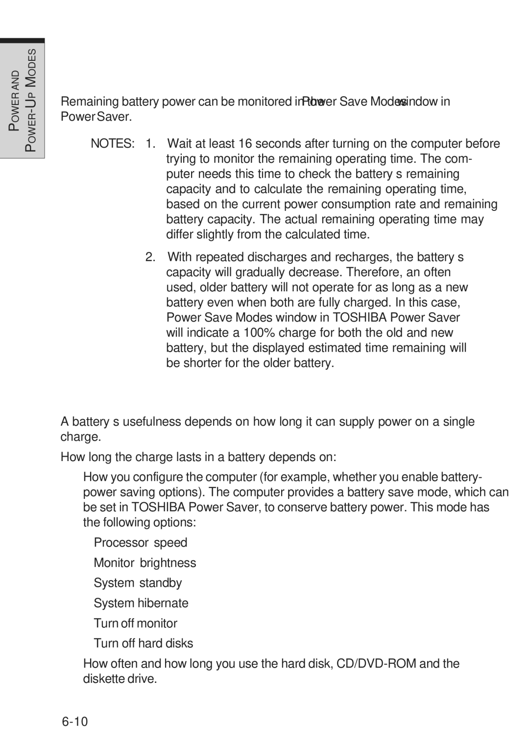 Toshiba A10 Series user manual Monitoring battery capacity, Maximizing battery operating time 