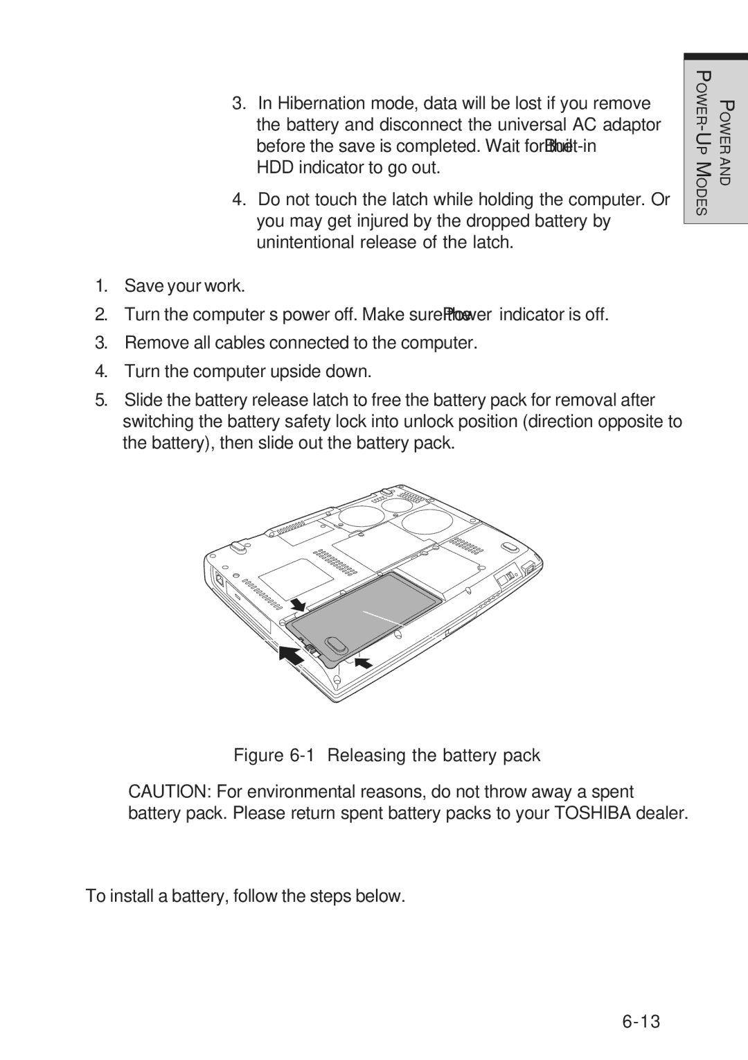 Toshiba A10 Series user manual Installing the battery pack, Replacing the battery pack 