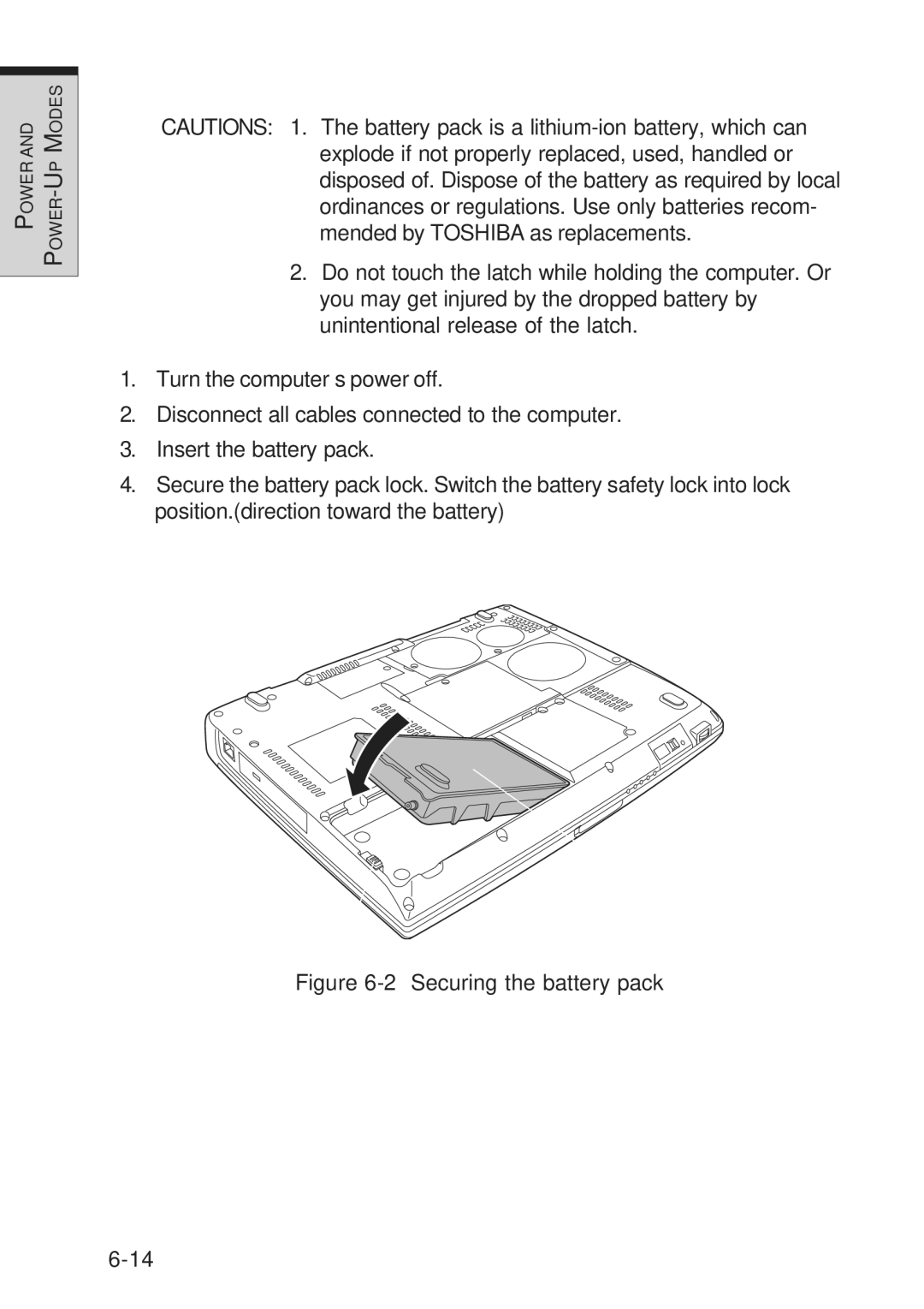 Toshiba A10 Series user manual Securing the battery pack 