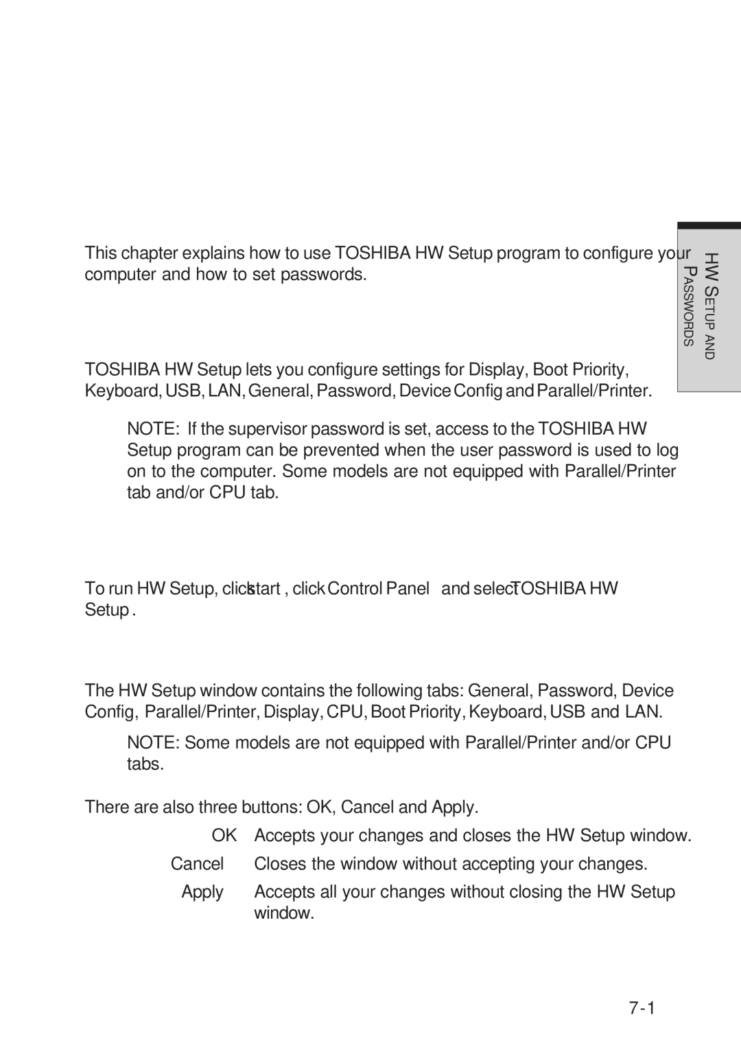 Toshiba A10 Series user manual HW Setup and Passwords, Accessing HW Setup, HW Setup window 