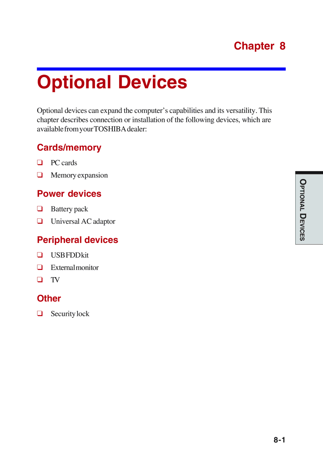 Toshiba A10 Series user manual Optional Devices 