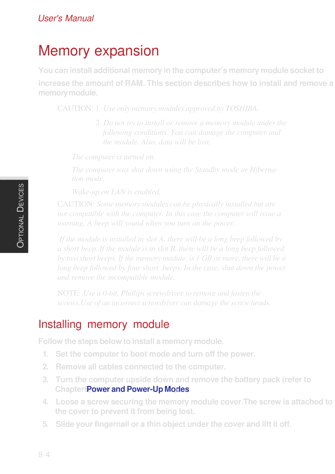 Toshiba A10 Series user manual Memory expansion, Installing memory module 