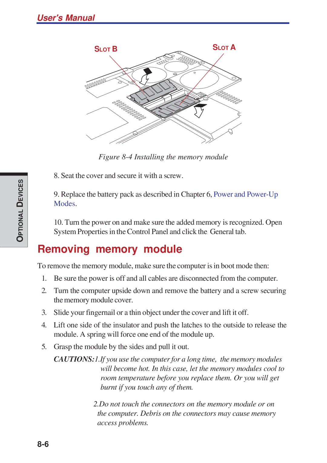 Toshiba A10 Series user manual Removing memory module, Installing the memory module 