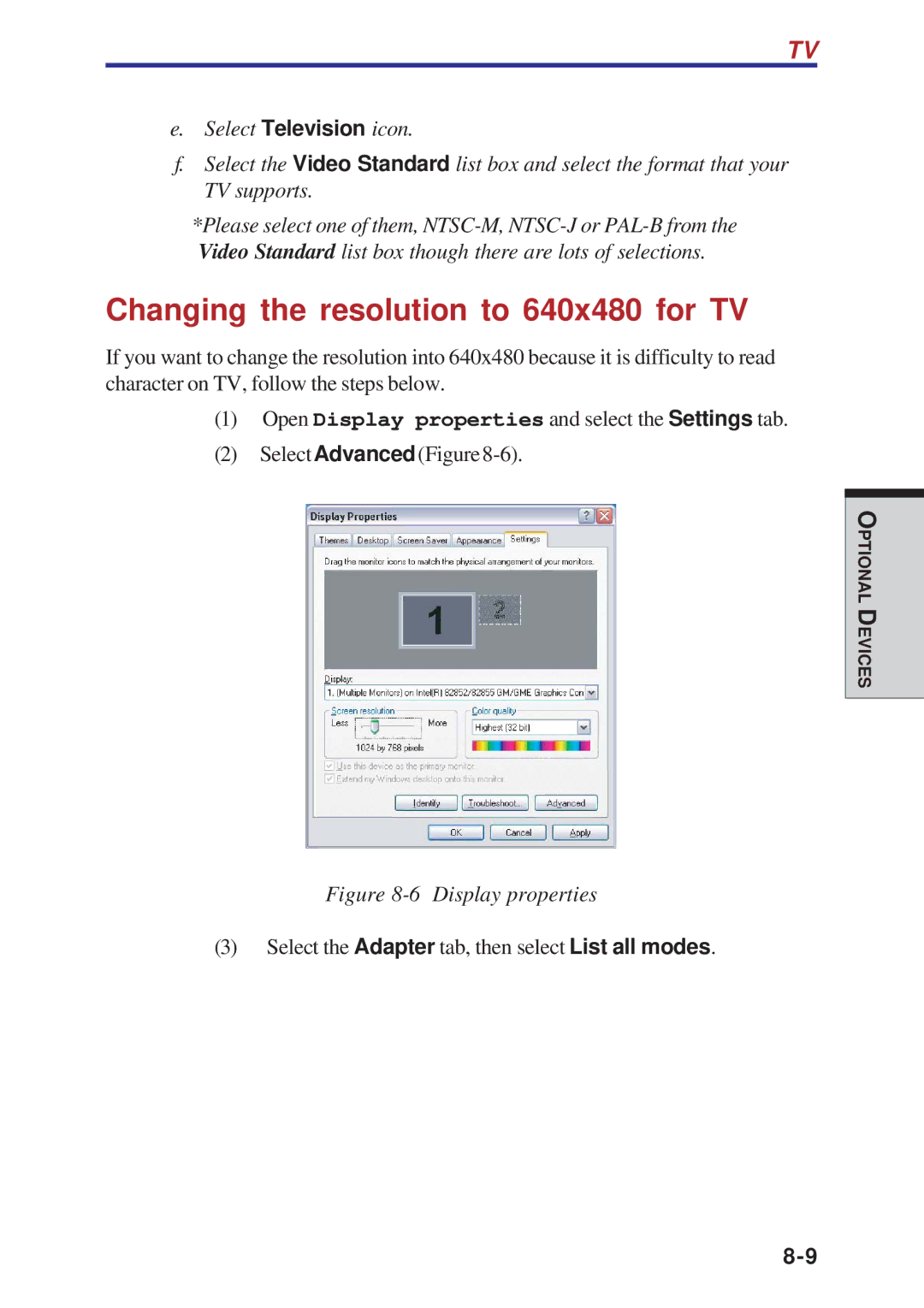 Toshiba A10 Series user manual Changing the resolution to 640x480 for TV, Display properties 