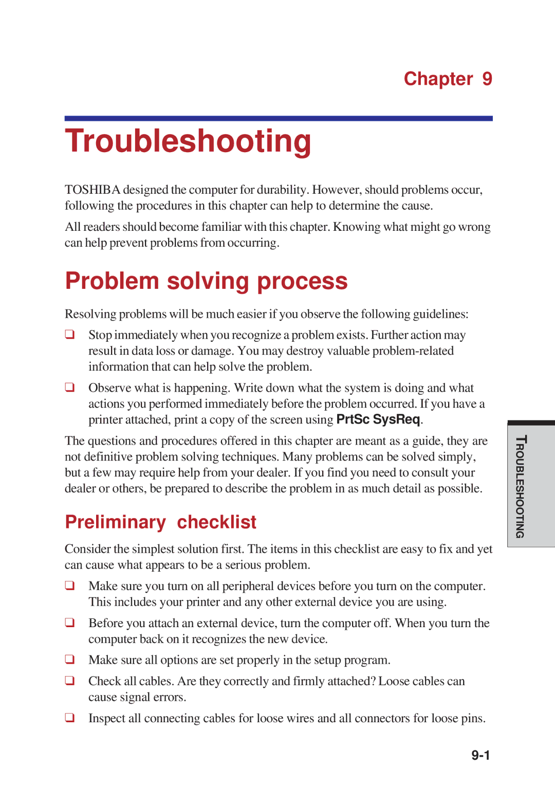 Toshiba A10 Series user manual Troubleshooting, Problem solving process, Preliminary checklist 