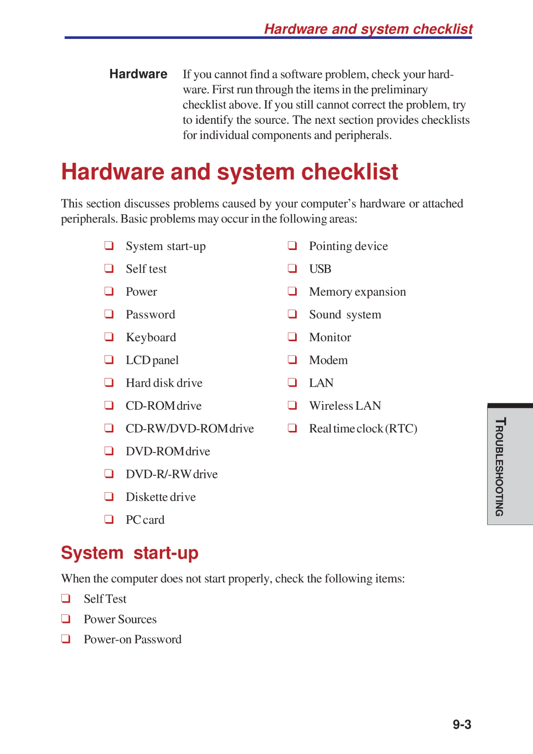 Toshiba A10 Series user manual Hardware and system checklist, System start-up 