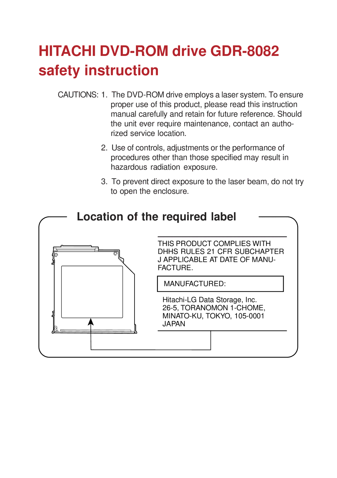 Toshiba A10 Series Hitachi DVD-ROM drive GDR-8082 safety instruction, 26-5, Toranomon 1-CHOME, MINATO-KU, Tokyo Japan 