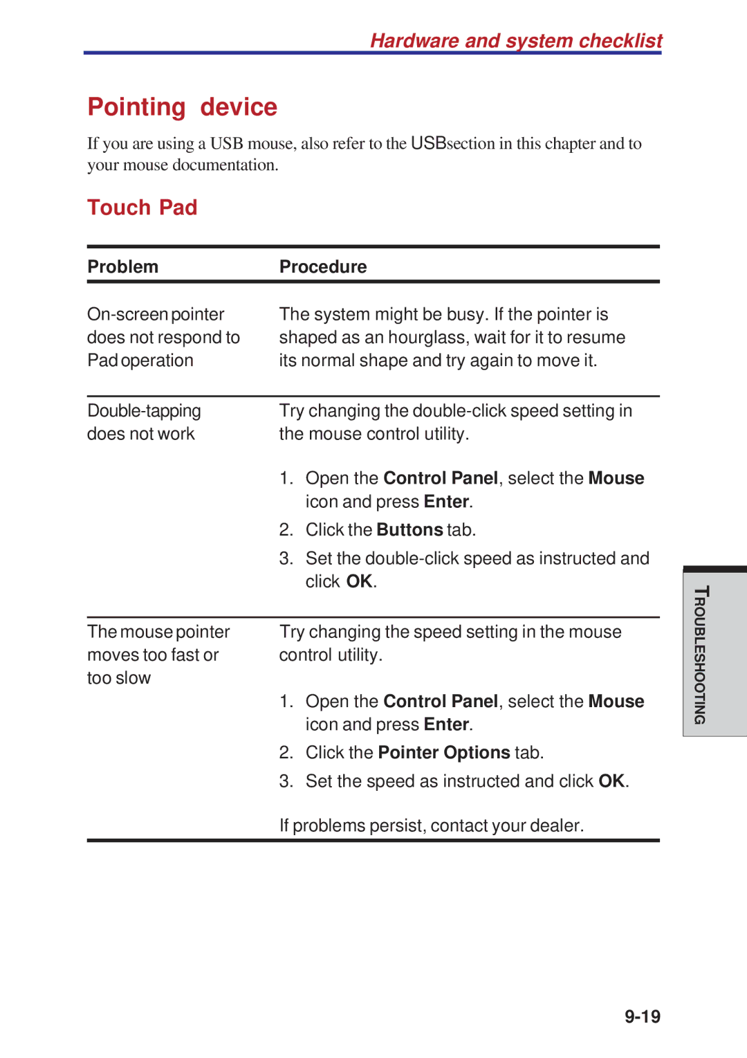 Toshiba A10 Series user manual Pointing device, Touch Pad, Click the Pointer Options tab 