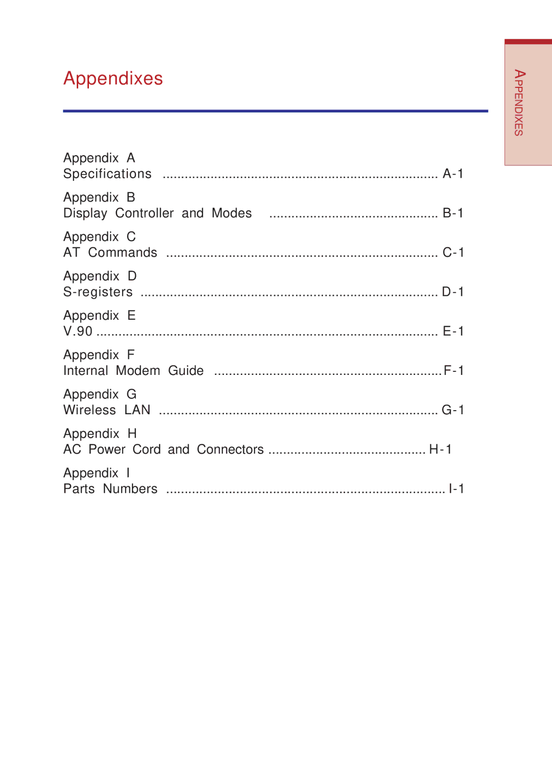 Toshiba A10 Series user manual Appendix B Display Controller and Modes Appendix C, Appendix H AC Power Cord and Connectors 