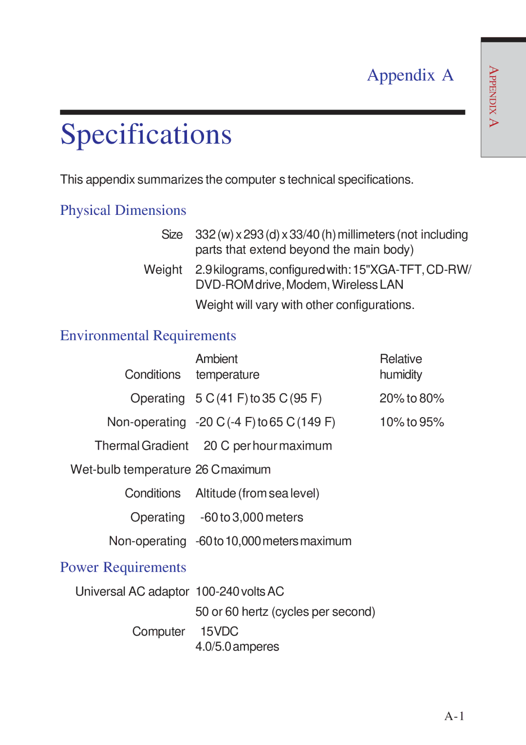 Toshiba A10 Series Specifications, Appendix a, Physical Dimensions, Environmental Requirements, Power Requirements 