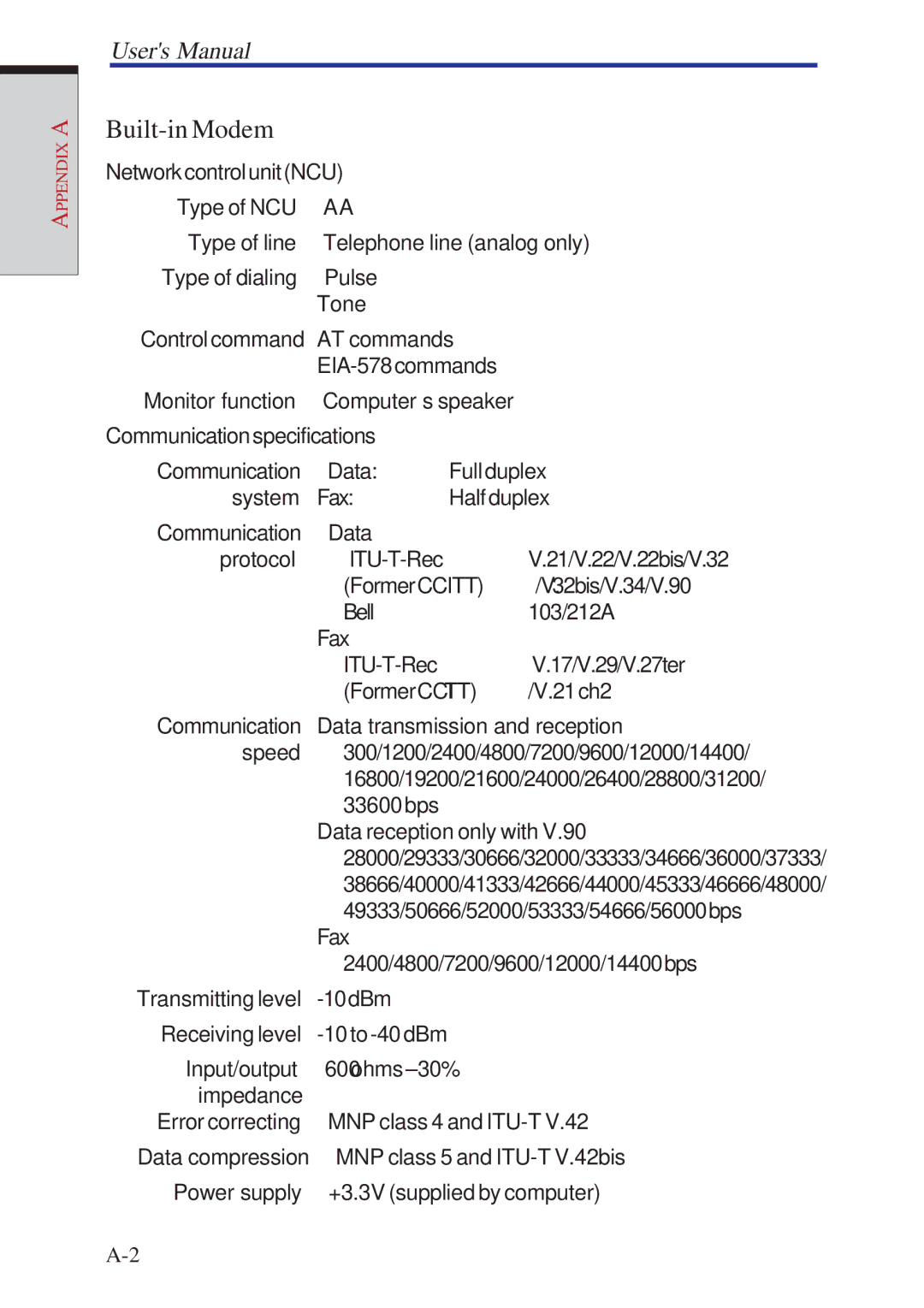 Toshiba A10 Series user manual Built-in Modem, NetworkcontrolunitNCU 