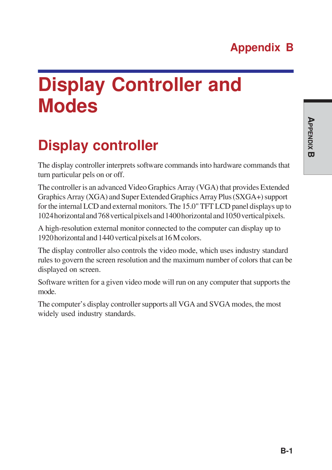 Toshiba A10 Series user manual Display Controller and Modes, Display controller, Appendix B 