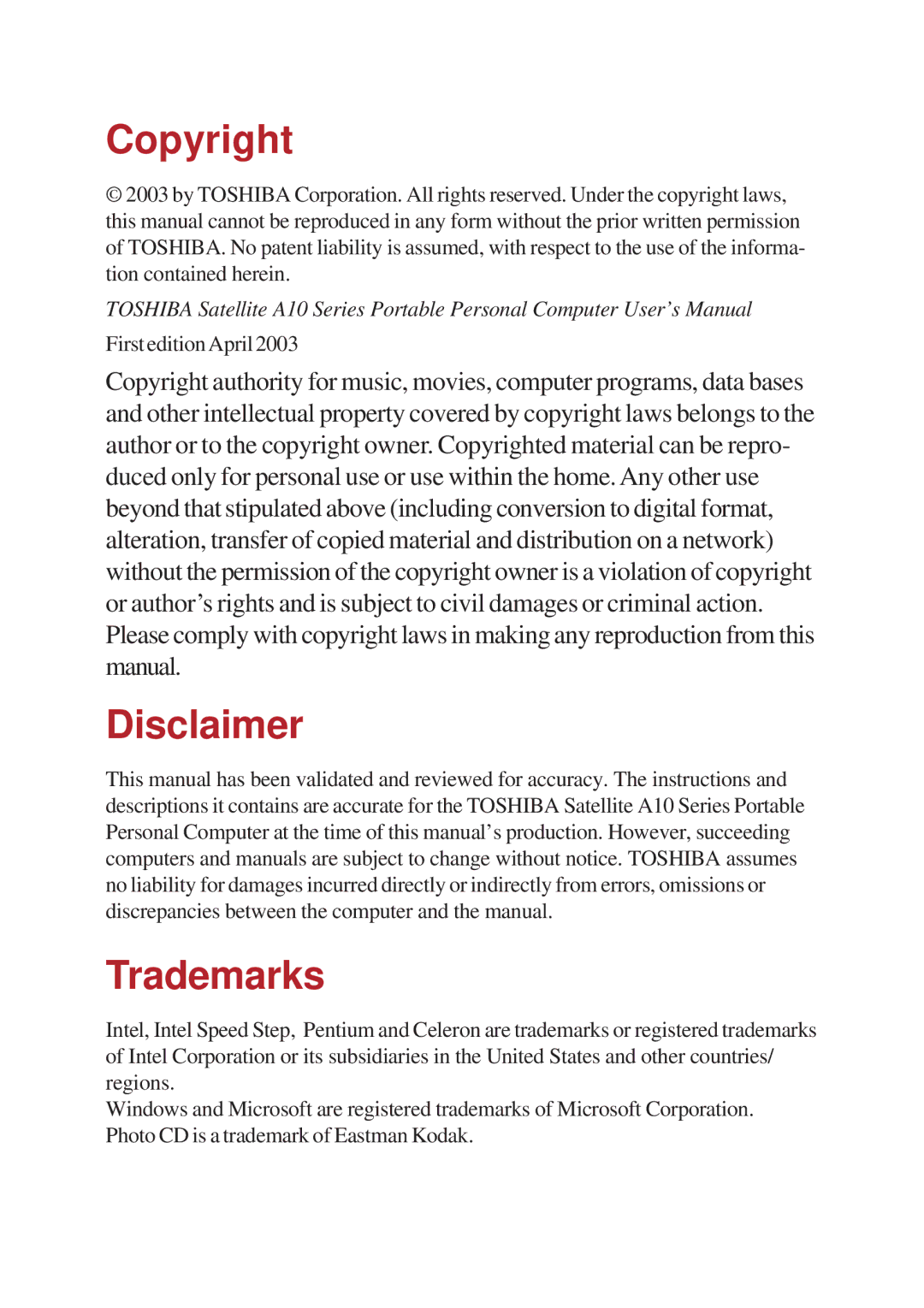 Toshiba A10 Series user manual Copyright, Disclaimer, Trademarks 