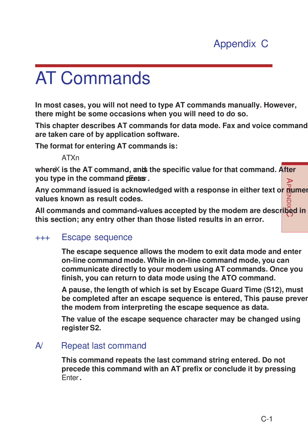 Toshiba A10 Series user manual AT Commands, Appendix C, +++ Escape sequence, Repeat last command, ATXn 