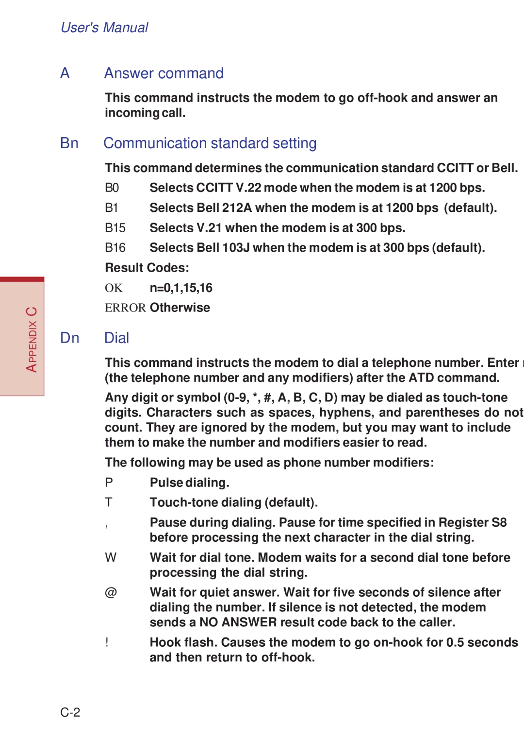 Toshiba A10 Series user manual Answer command, Bn Communication standard setting, Dn Dial 