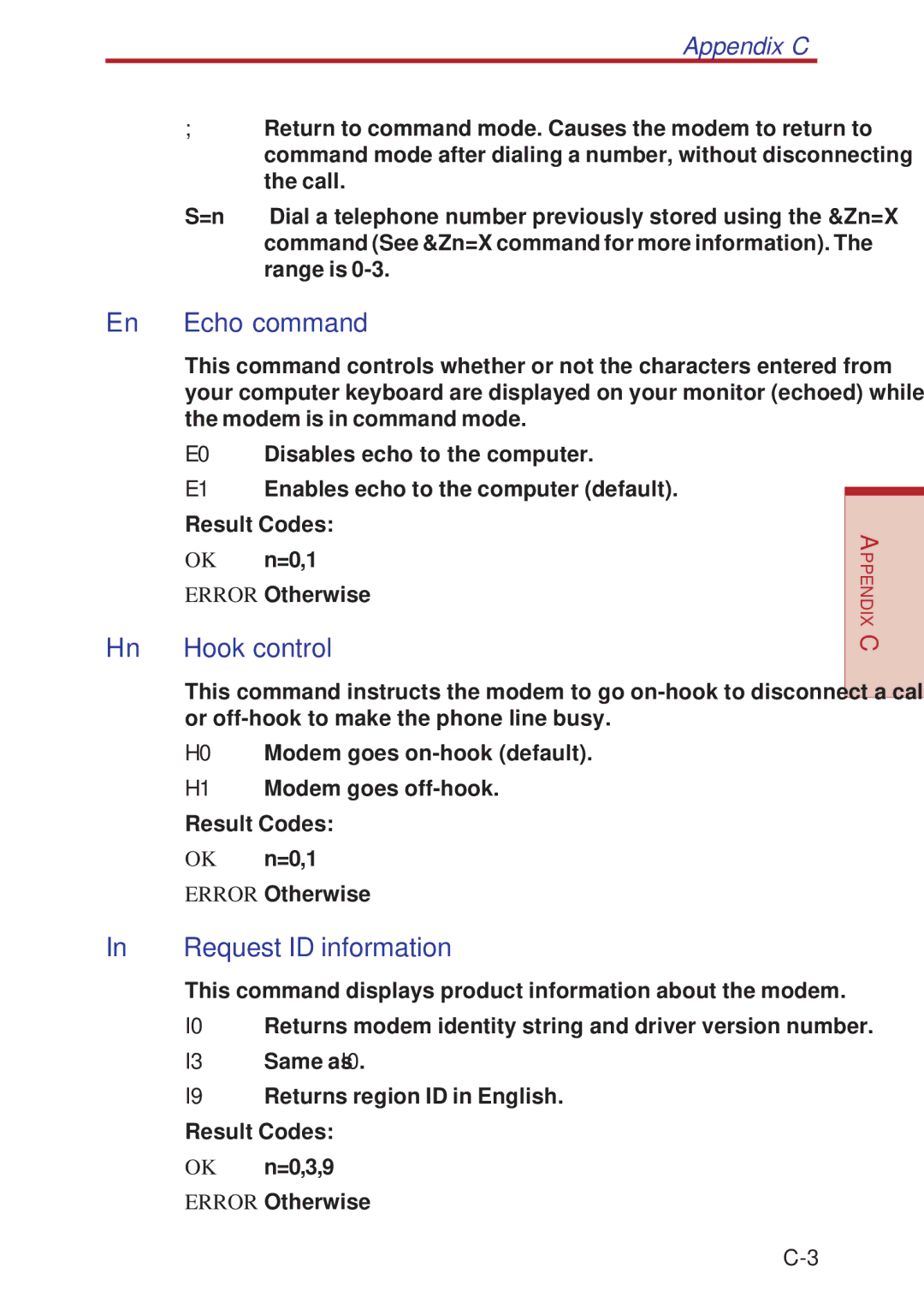 Toshiba A10 Series user manual En Echo command, Hn Hook control, Request ID information, Appendix C 