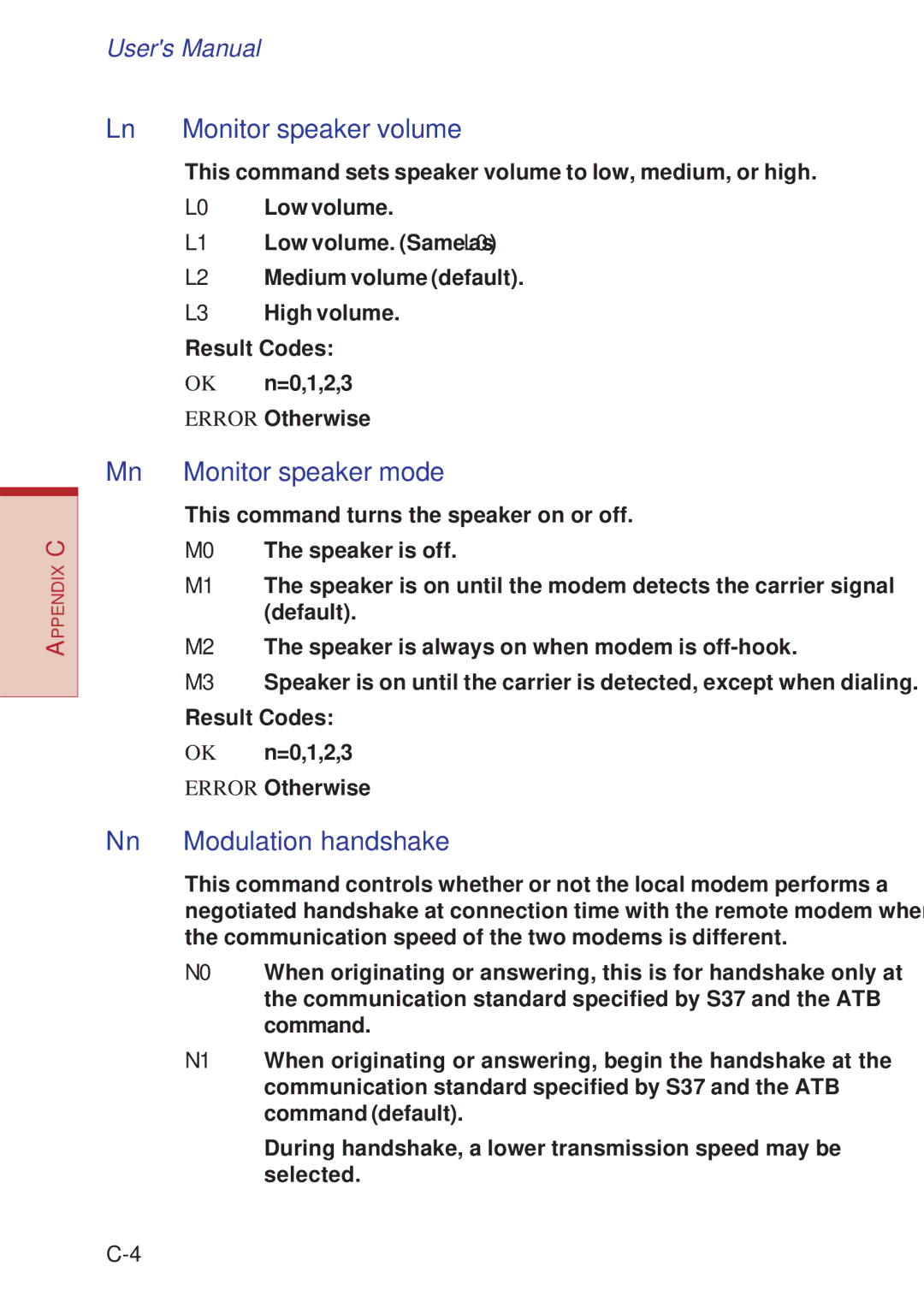 Toshiba A10 Series user manual Ln Monitor speaker volume, Mn Monitor speaker mode, Nn Modulation handshake 