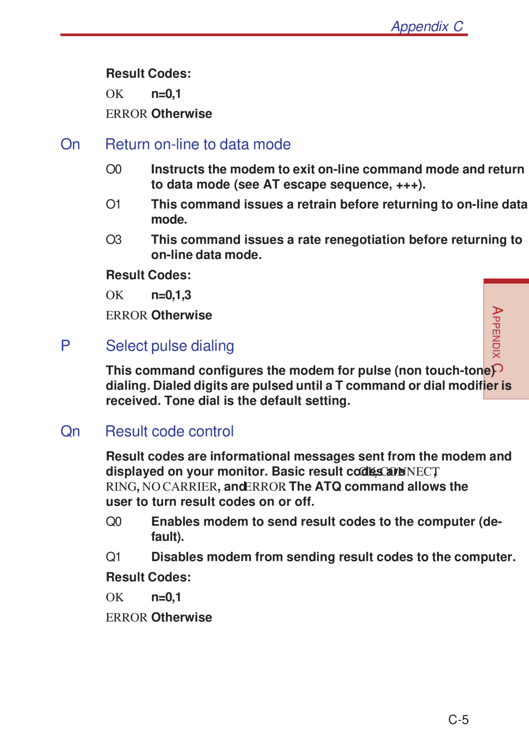 Toshiba A10 Series user manual On Return on-line to data mode, Select pulse dialing, Qn Result code control 