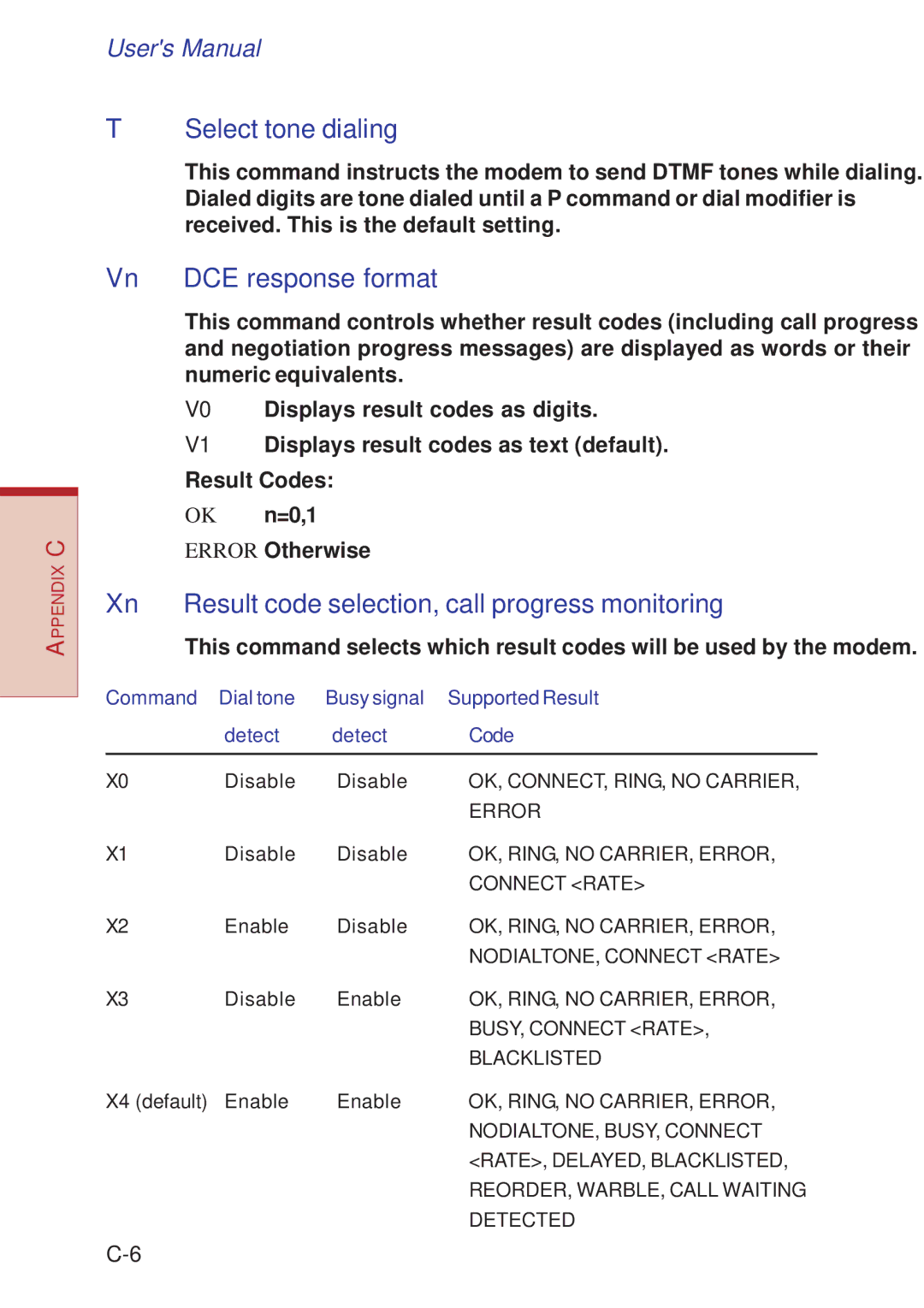 Toshiba A10 Series Select tone dialing, Vn DCE response format, Xn Result code selection, call progress monitoring 