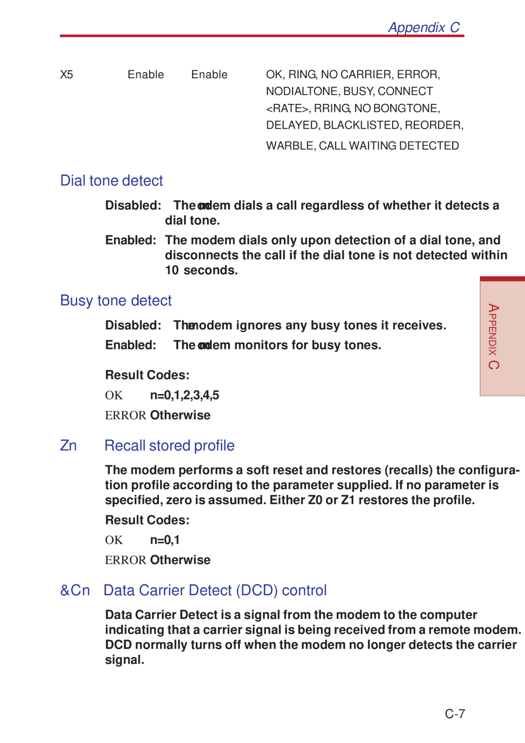 Toshiba A10 Series user manual Dial tone detect, Busy tone detect, Recall stored profile, Data Carrier Detect DCD control 