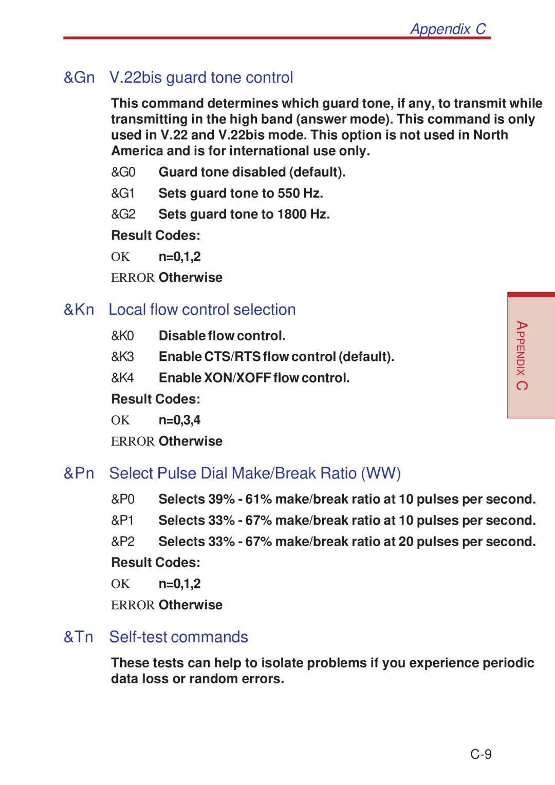 Toshiba A10 Series user manual Gn V.22bis guard tone control, Kn Local flow control selection, Tn Self-test commands 