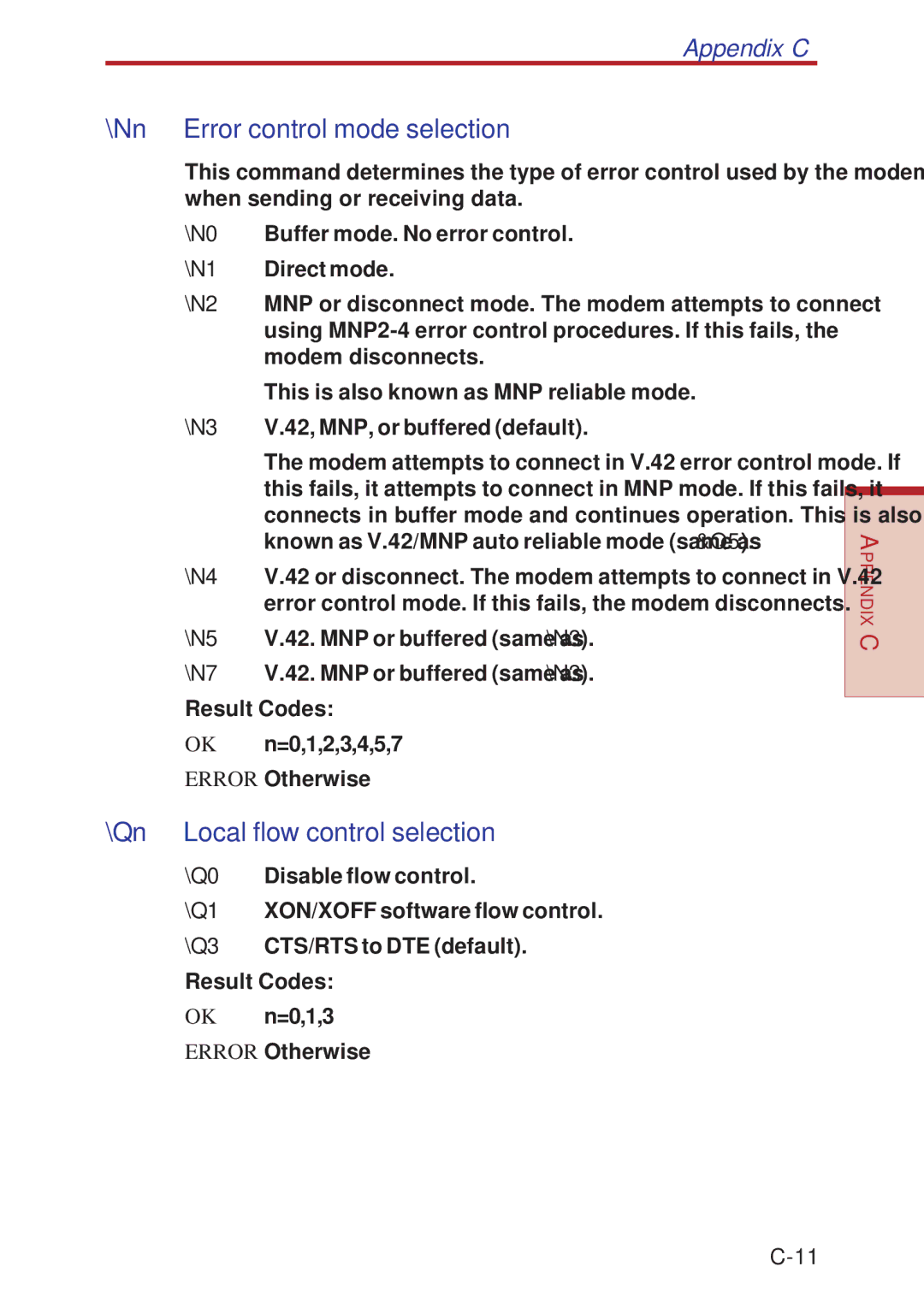 Toshiba A10 Series user manual Nn Error control mode selection, Qn Local flow control selection 