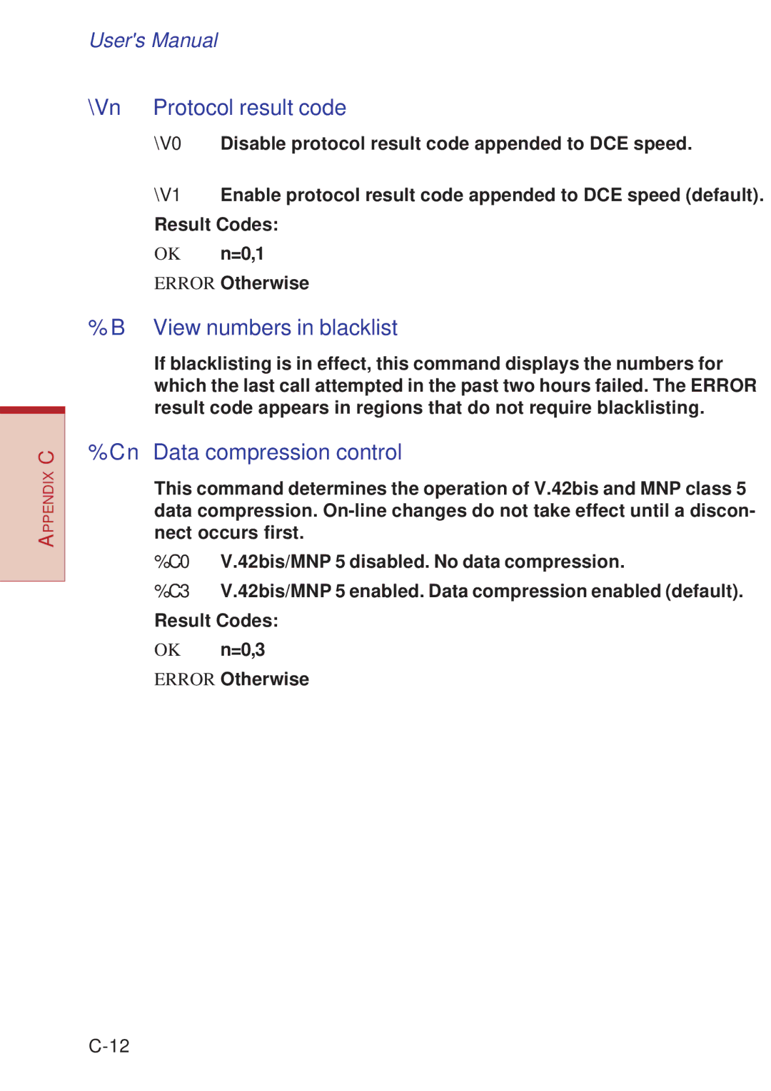 Toshiba A10 Series user manual Vn Protocol result code, View numbers in blacklist, Cn Data compression control 