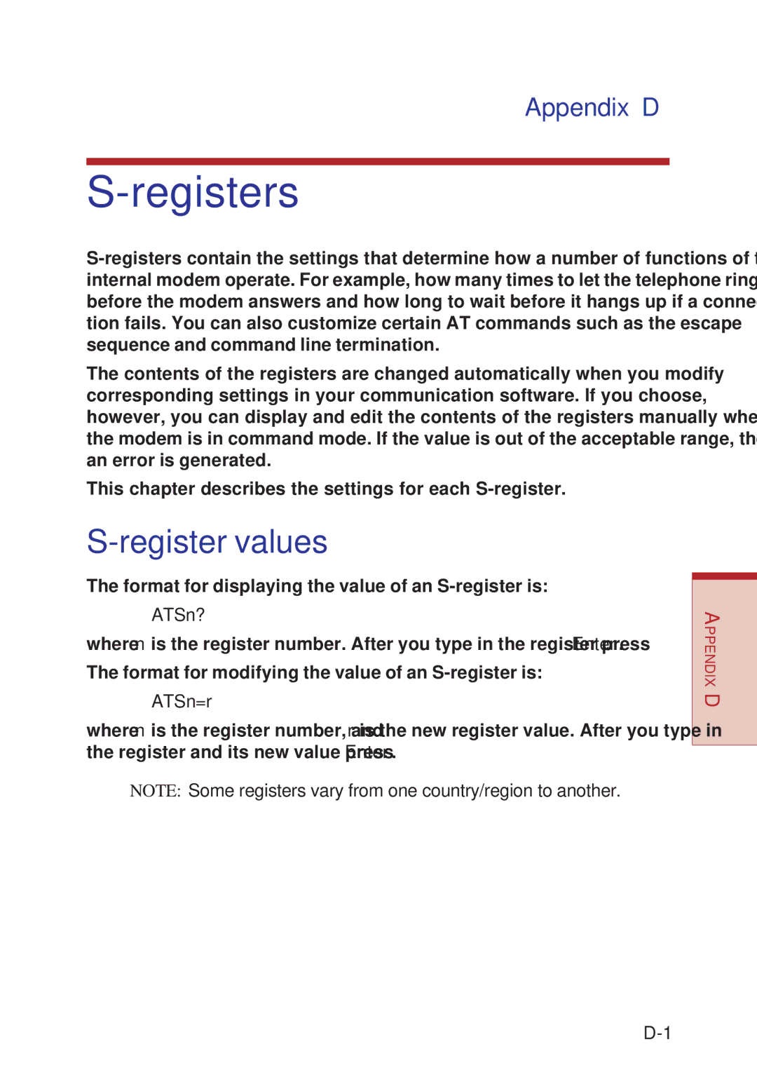 Toshiba A10 Series user manual Registers, Register values, Appendix D, ATSn?, ATSn=r 