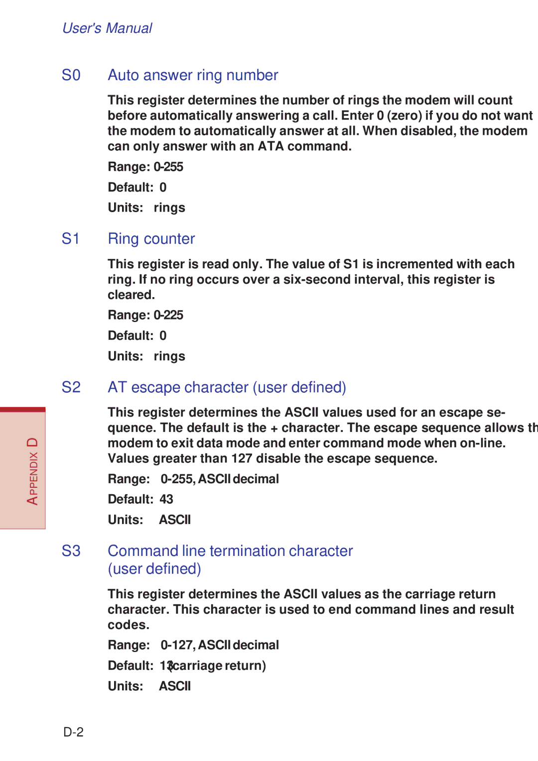 Toshiba A10 Series user manual S0 Auto answer ring number, S1 Ring counter, S2 AT escape character user defined 