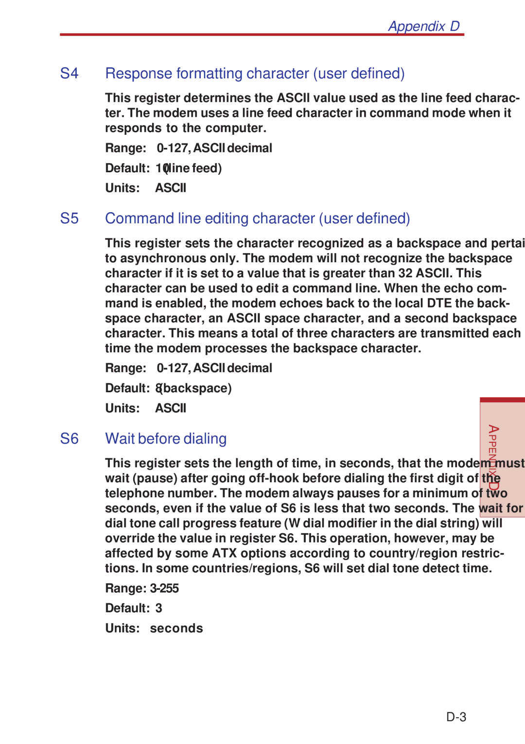 Toshiba A10 Series S4 Response formatting character user defined, S5 Command line editing character user defined 