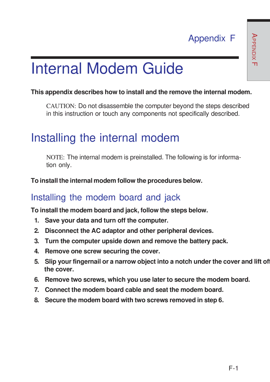 Toshiba A10 Series Internal Modem Guide, Installing the internal modem, Appendix F, Installing the modem board and jack 