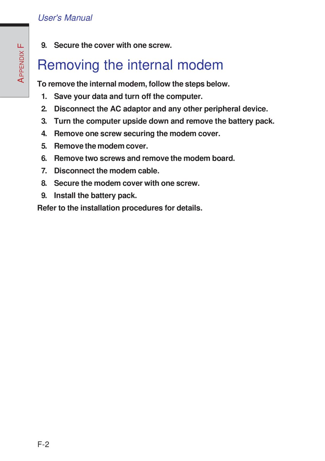 Toshiba A10 Series user manual Removing the internal modem 