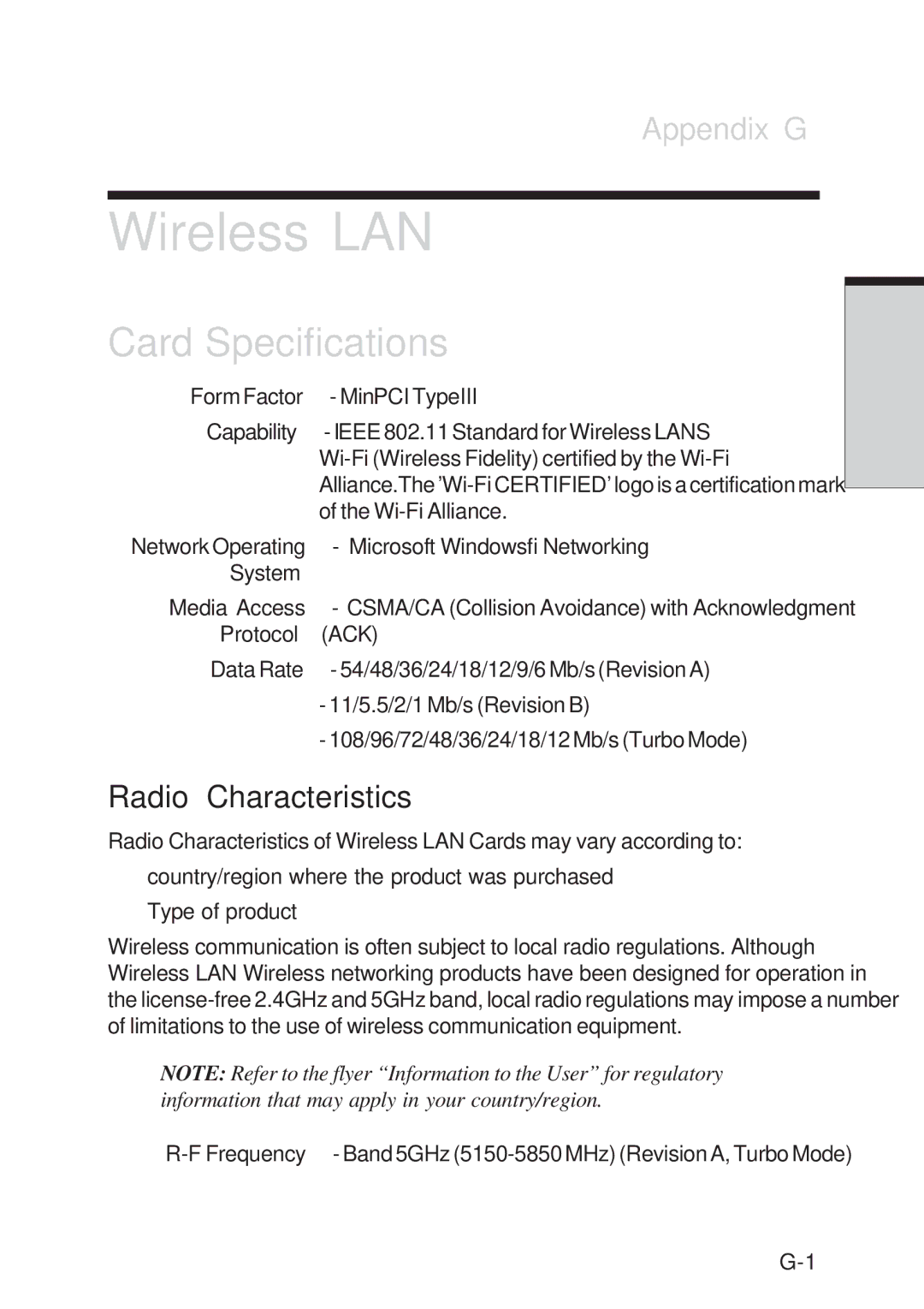 Toshiba A10 Series user manual Wireless LAN, Card Specifications, Appendix G, Radio Characteristics 