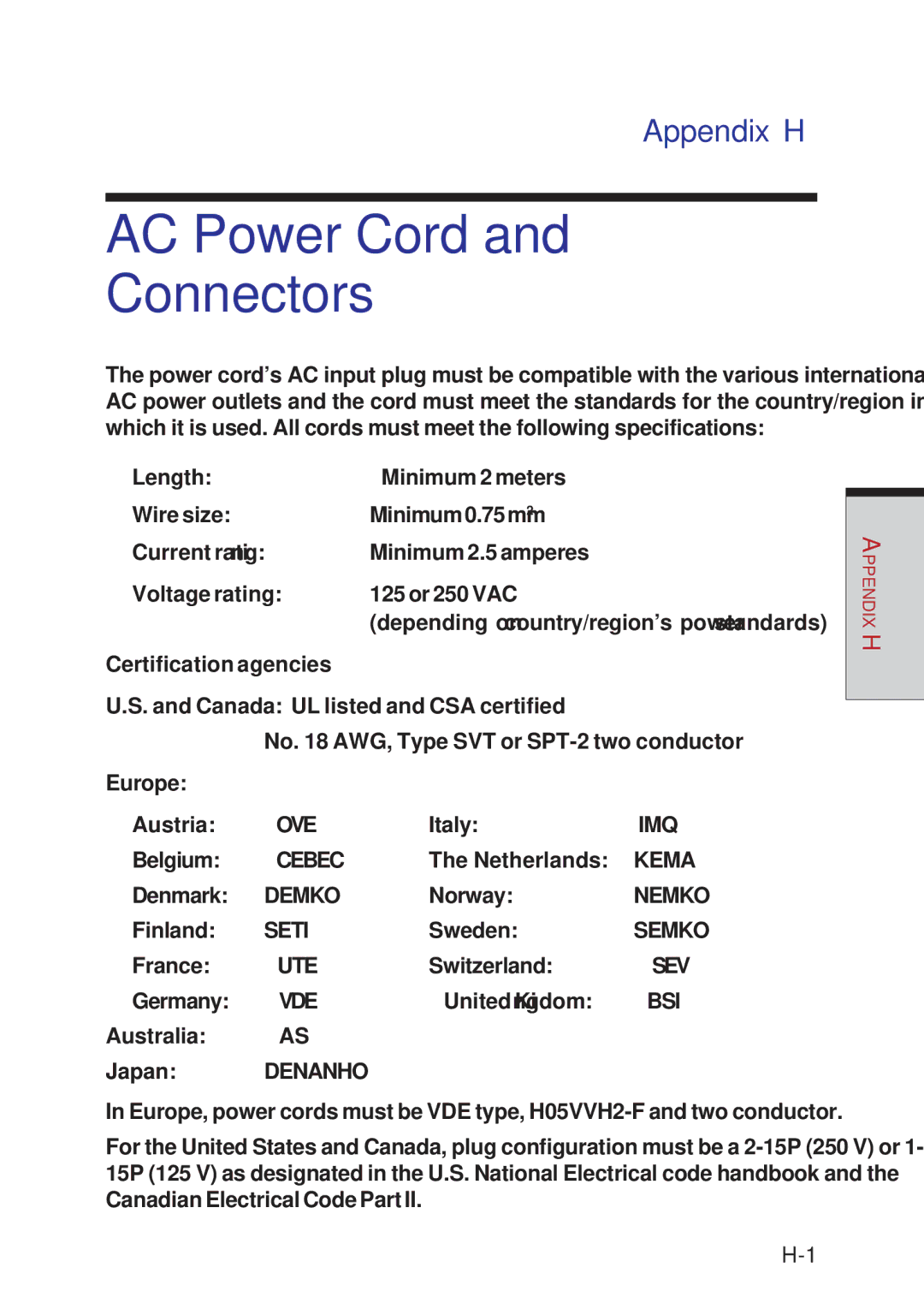 Toshiba A10 Series user manual AC Power Cord Connectors, Appendix H 