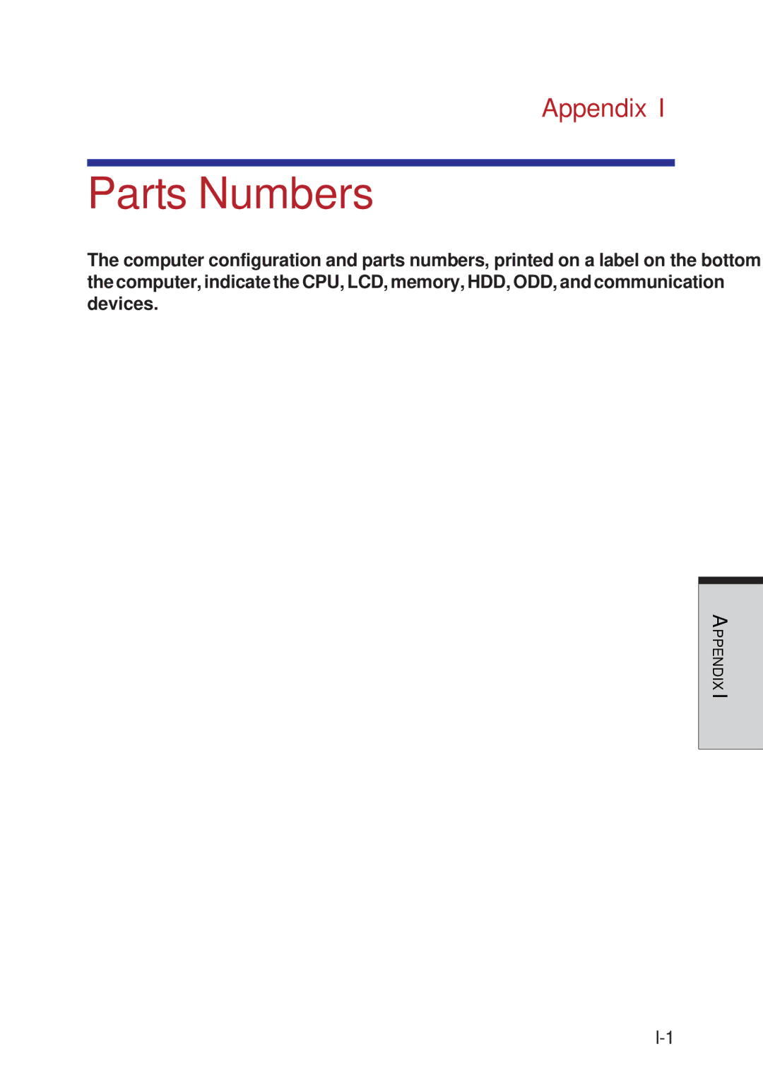 Toshiba A10 Series user manual Parts Numbers, Appendix 