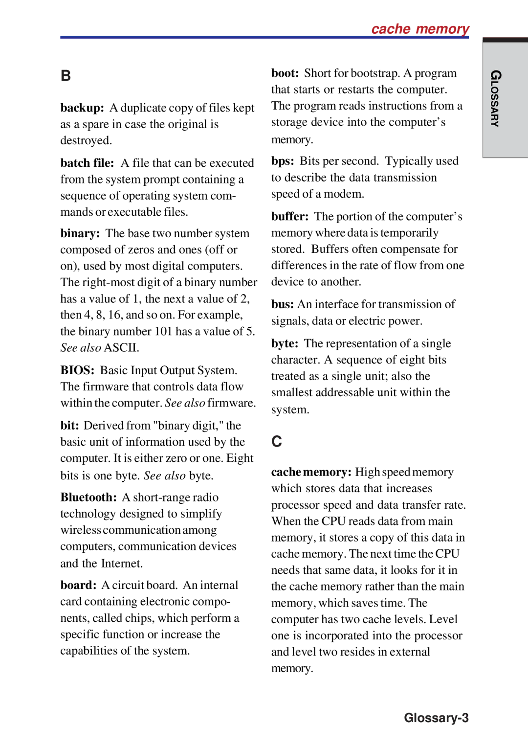 Toshiba A10 Series user manual Cache memory, Glossary-3 