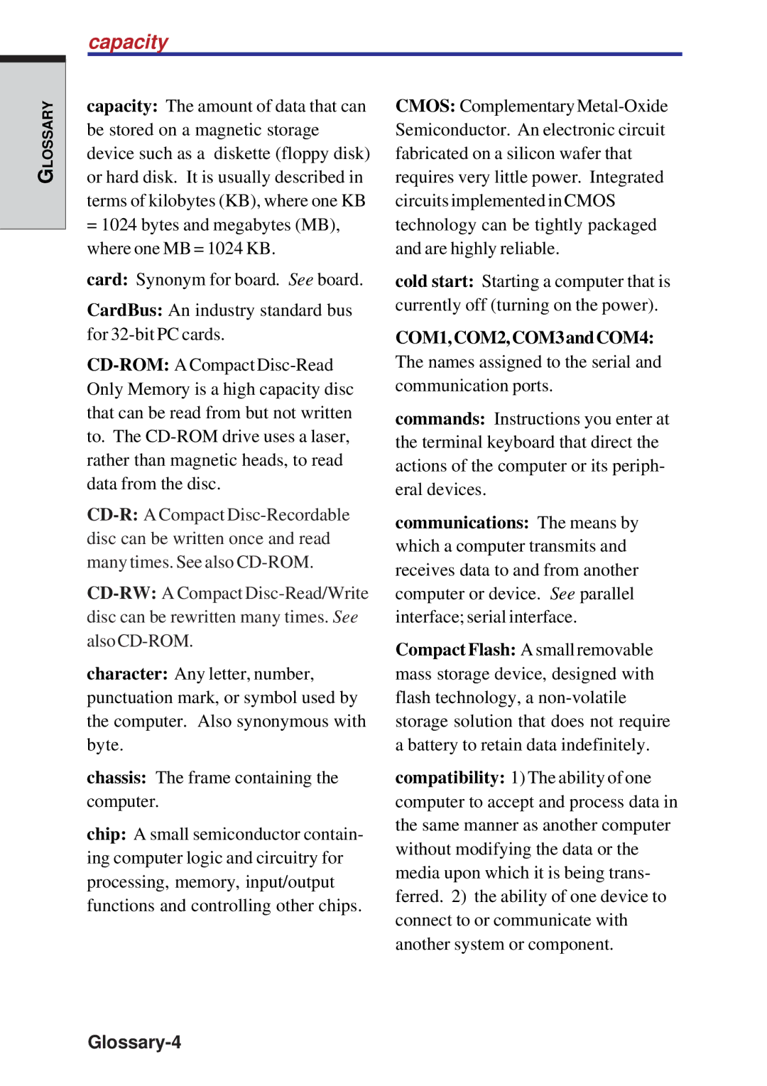 Toshiba A10 Series user manual Capacity, Glossary-4 