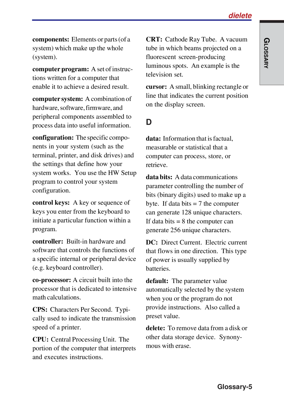 Toshiba A10 Series user manual Dielete, Glossary-5 