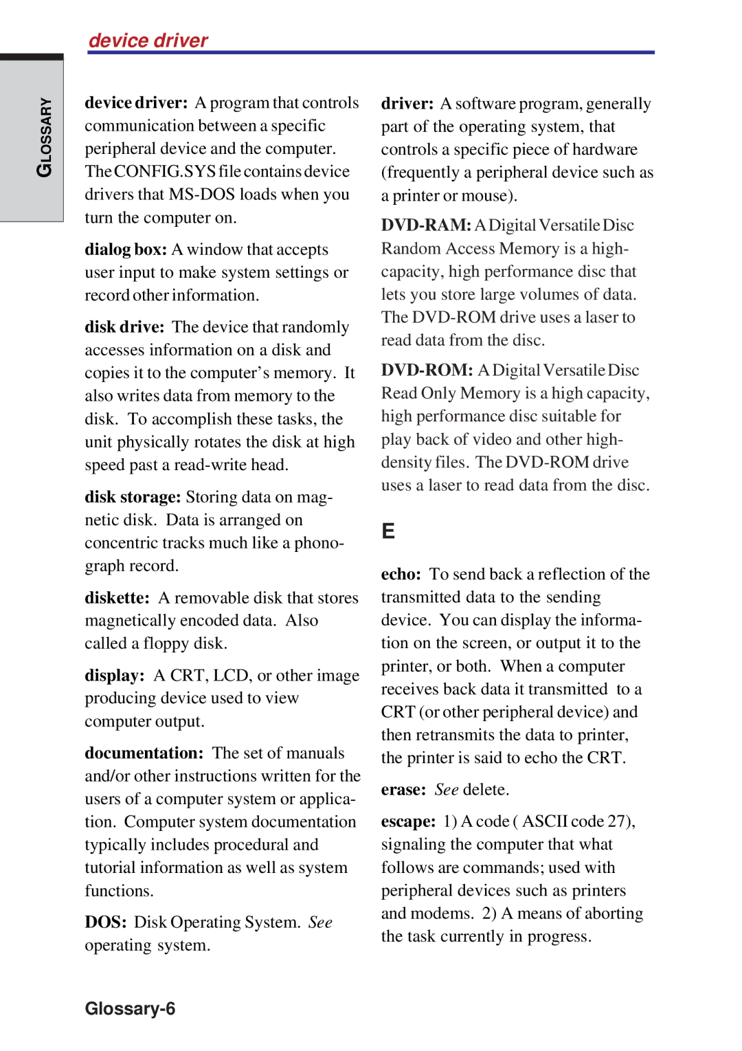 Toshiba A10 Series user manual Device driver, Glossary-6 