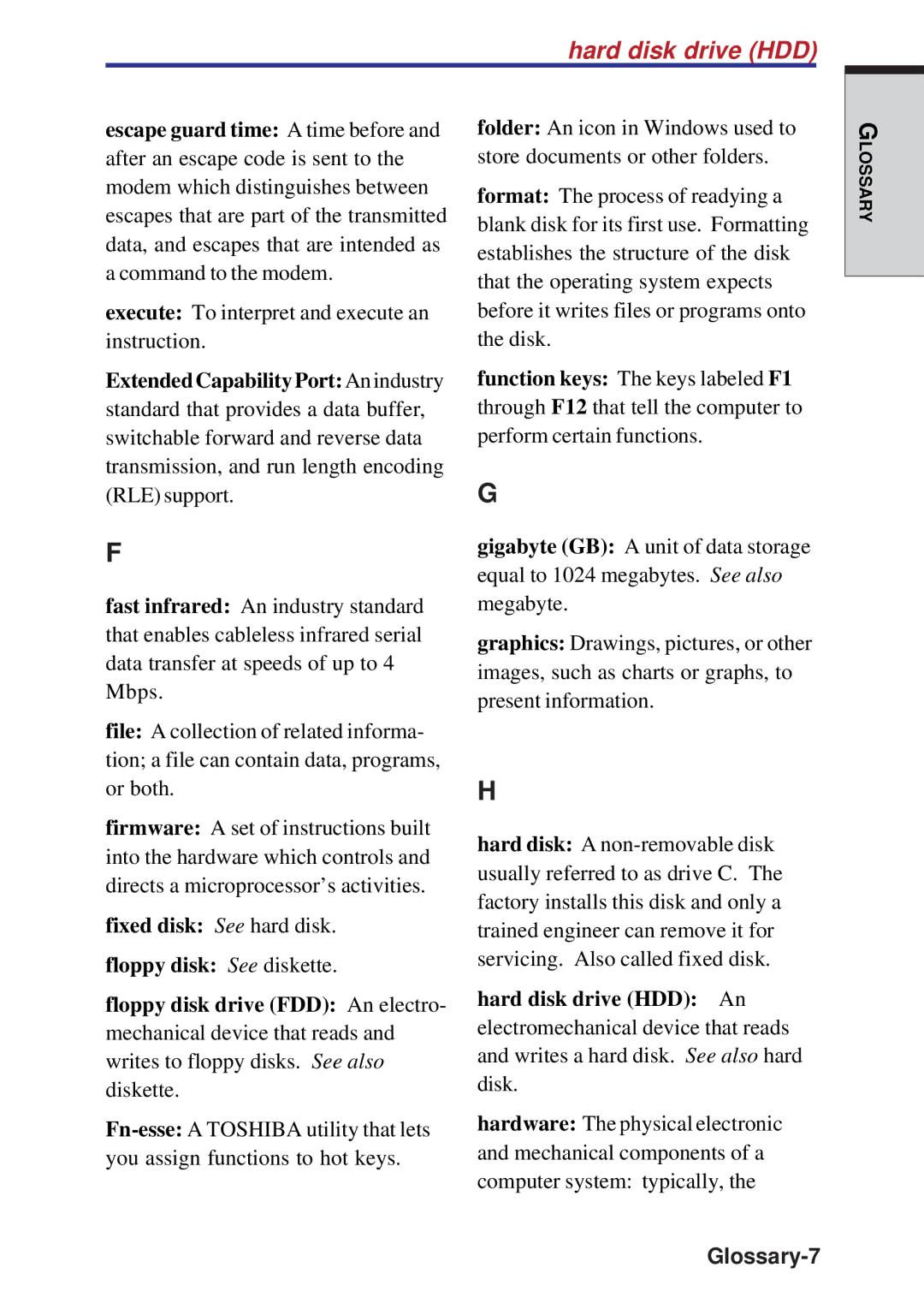 Toshiba A10 Series user manual Hard disk drive HDD, Glossary-7 