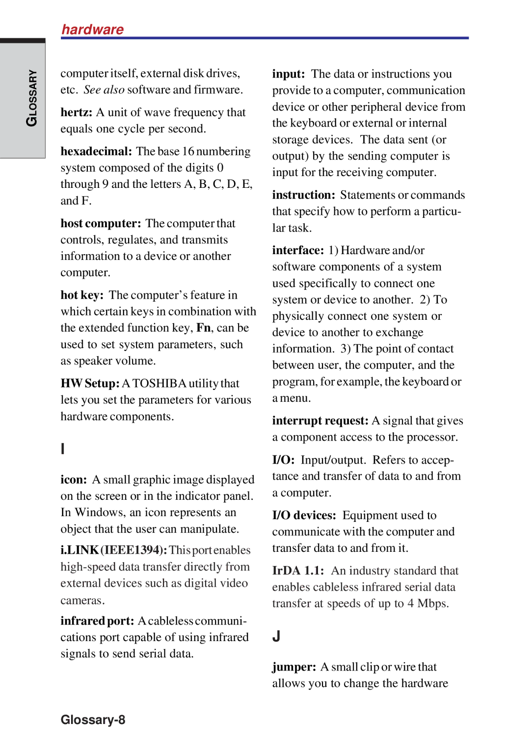 Toshiba A10 Series user manual Hardware, Glossary-8 