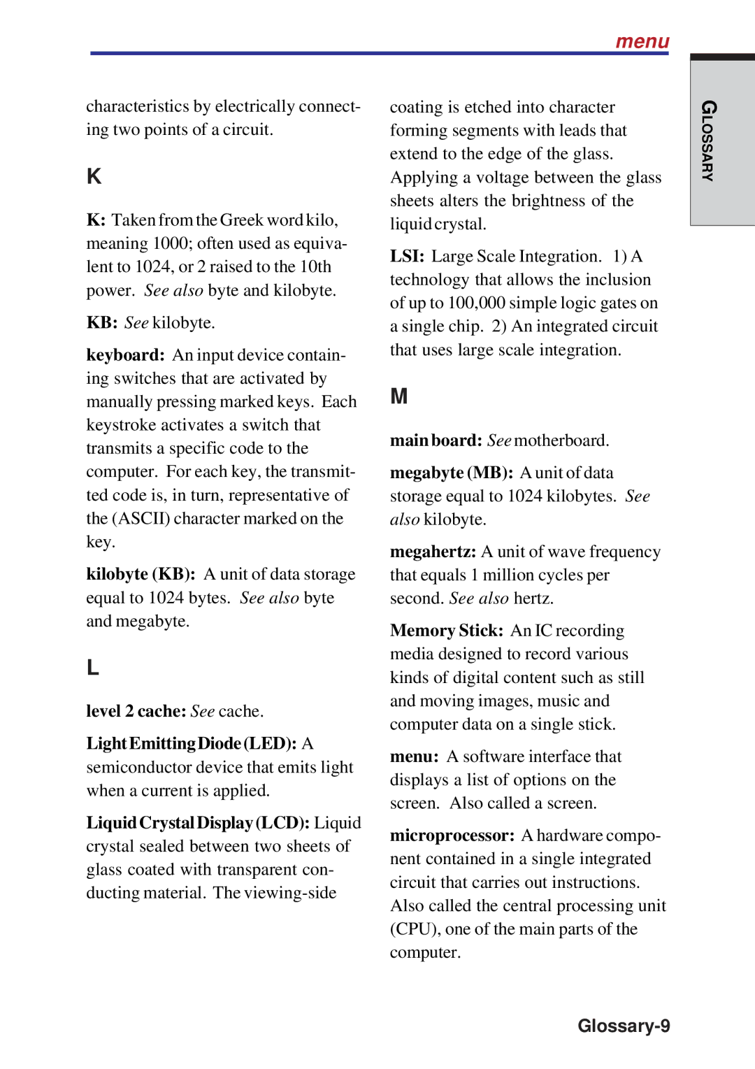 Toshiba A10 Series user manual Menu, Glossary-9 